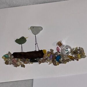 Hand Made Brand New Sea glass Bird Art and tiny shell on white greeting card